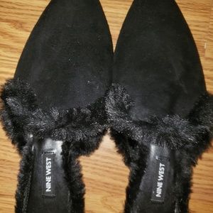 Black Suade Faux Fur timmed mules NINE WEST